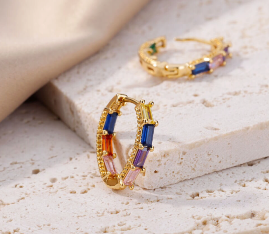 Waterproof Bestseller Little Stones Earring • Cute Earring • Minimalist Hoop • Rainbow Gold Hoop