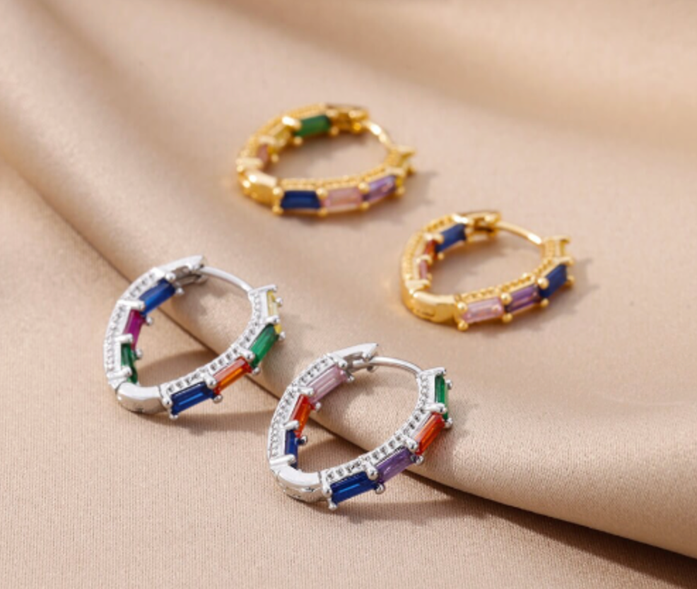 Waterproof Little Stones Earring • Cute Earring • Minimalist Hoop • Rainbow Silver Hoop