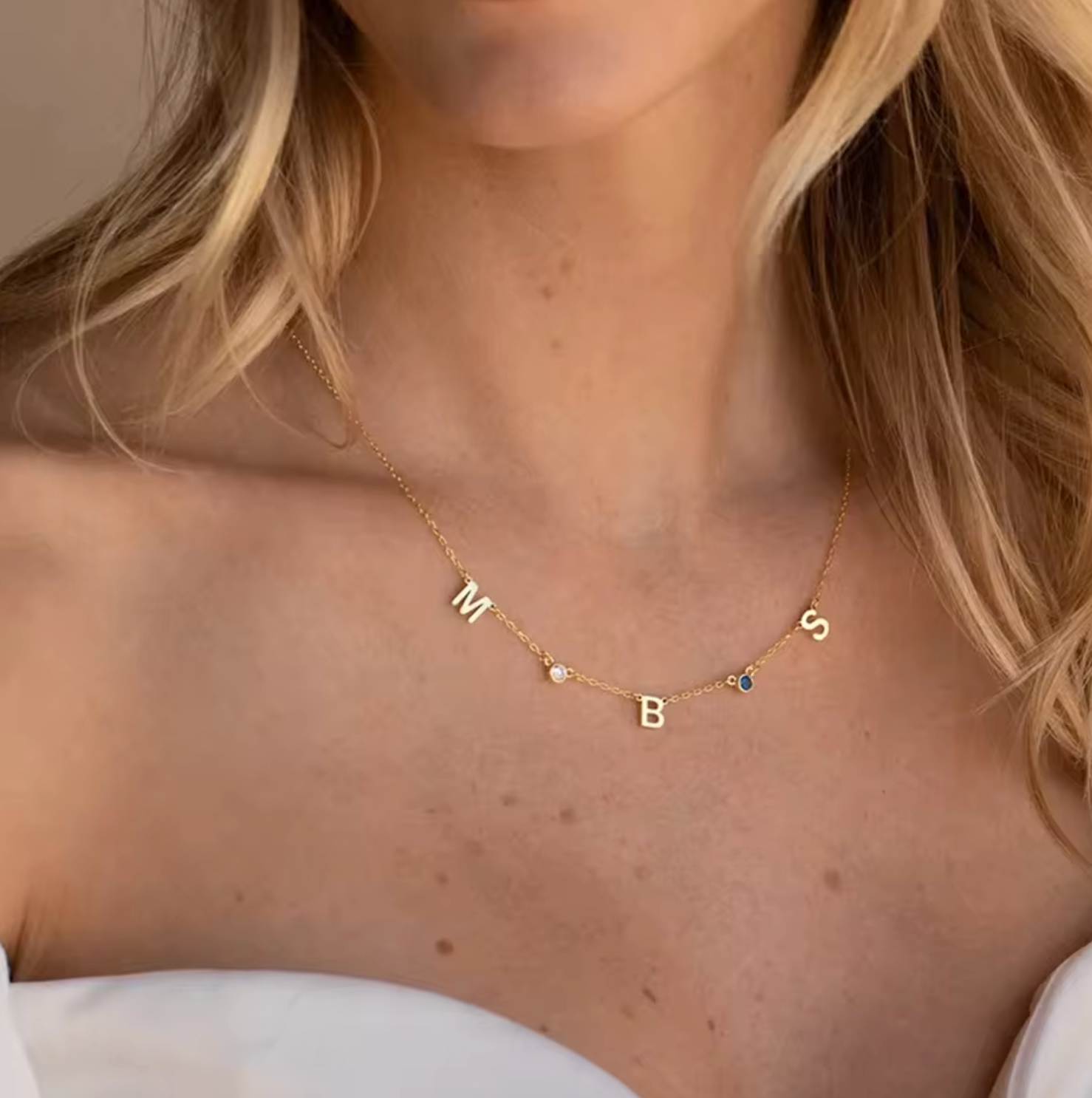 WATERPROOF BIRTHSTONE LETTER NECKLACE • GOLD SILVER CHAIN • STAINLESS STEEL