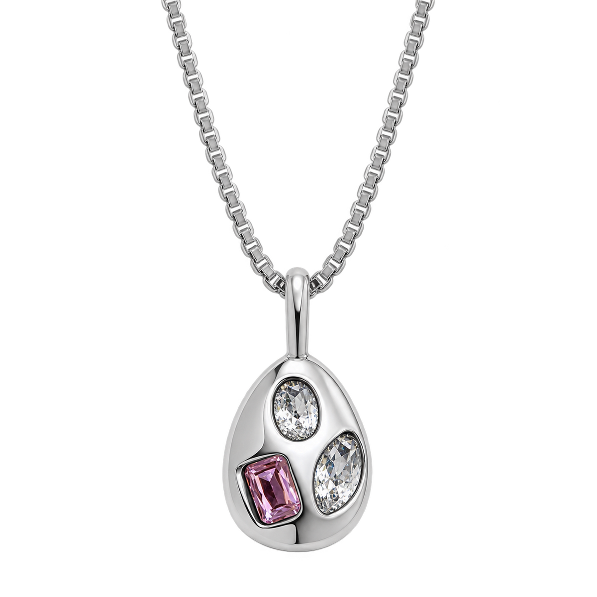 EManco Stainless Steel Teardrop Pendant Necklace with Mixed Purple and Clear Cubic Zirconia Minimalist Style for Daily Commute