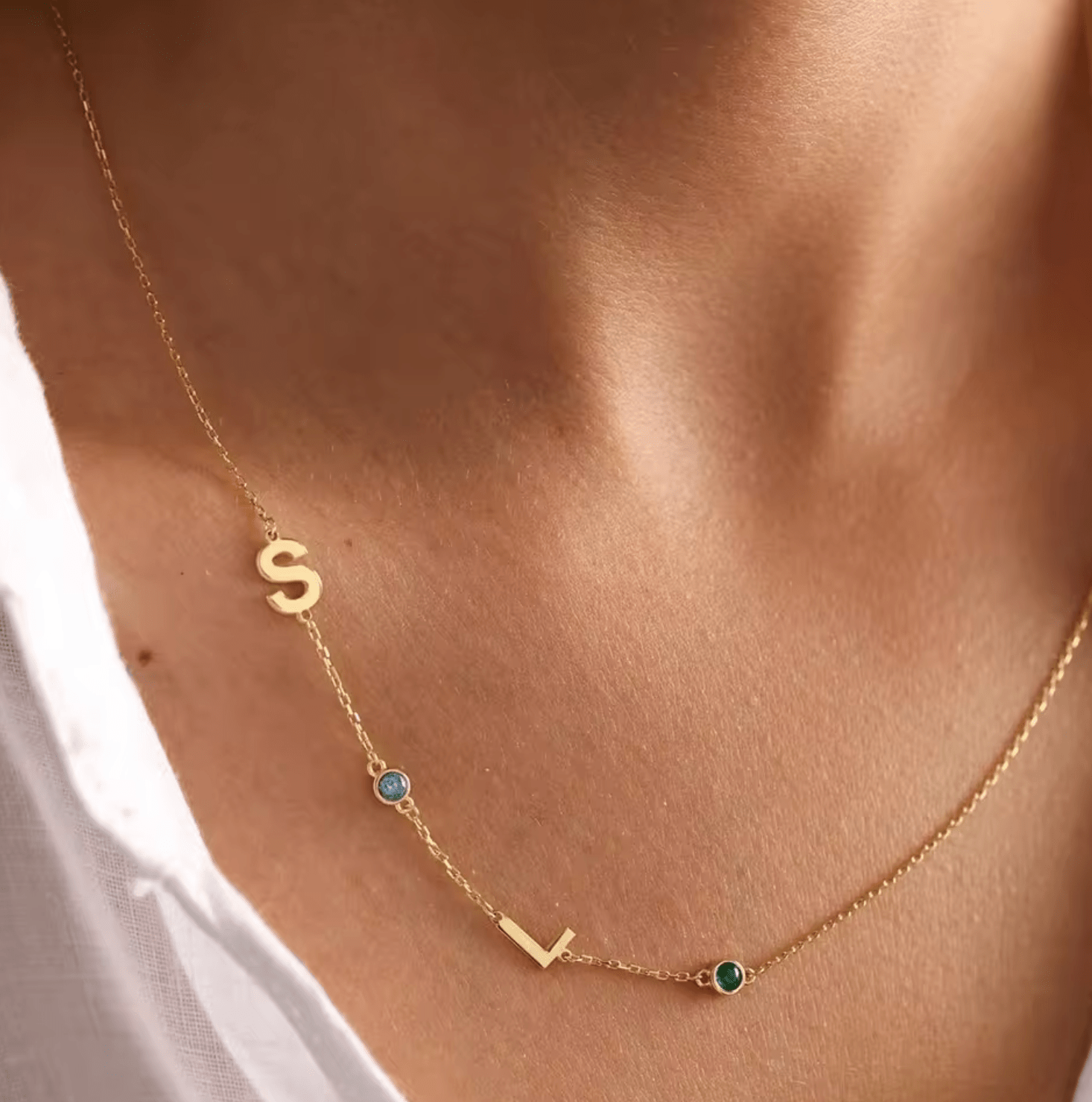 WATERPROOF BIRTHSTONE LETTER NECKLACE - GOLD SILVER CHAIN - STAINLESS STEEL - AnoaShop
