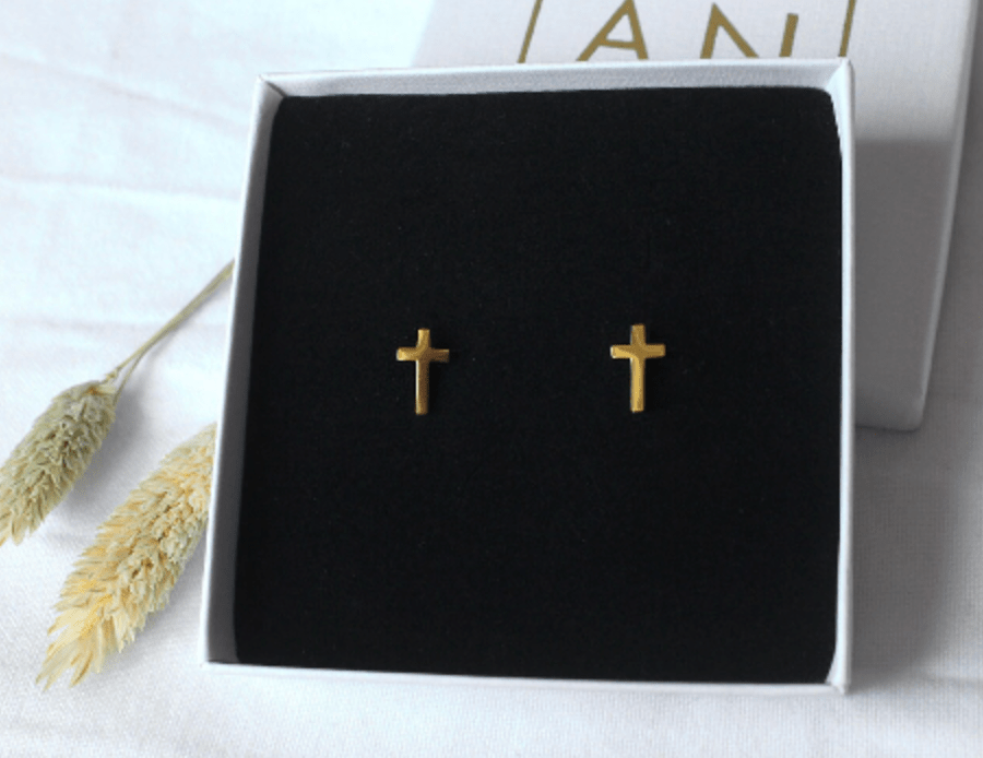 Waterproof Cross earring stud gold • Gold Stud Earring • Minimalist Earring • Religious earring - AnoaShop